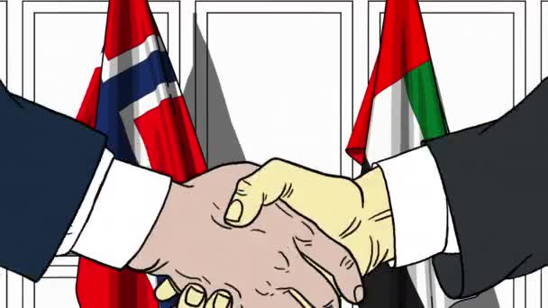 Businessmen or politicians shake hands against flags of Norway and UAE. Official meeting or cooperation related cartoon animation — Stock Video