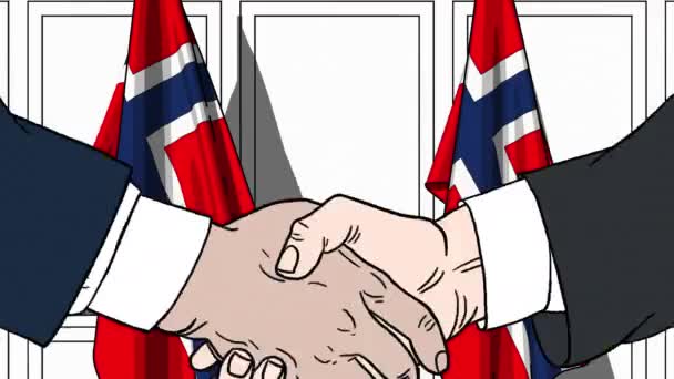 İş adamları veya politikacılar bayrakları Norveç'in karşı el sıkışın. Resmi toplantı veya işbirliği çizgi film animasyon ile ilgili — Stok video