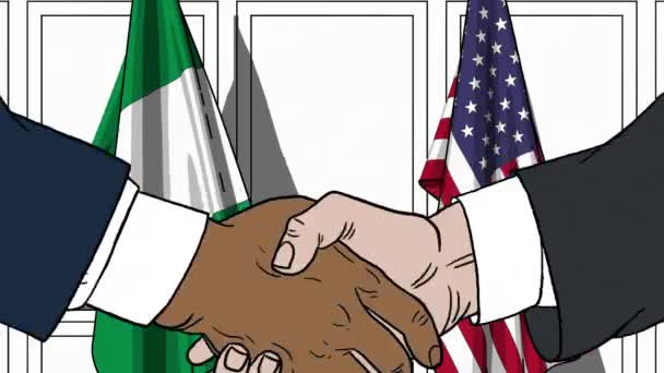 Pebisnis atau politisi berjabat tangan melawan bendera Nigeria dan Amerika Serikat. Pertemuan resmi atau animasi kartun terkait kerja sama — Stok Video