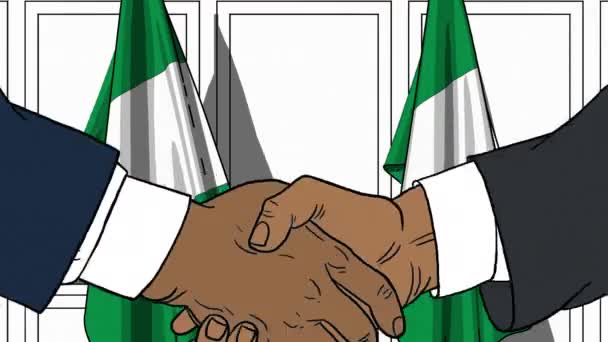 Des hommes d'affaires ou des politiciens serrent la main contre les drapeaux du Nigeria. Réunion officielle ou animation de bande dessinée liée à la coopération — Video