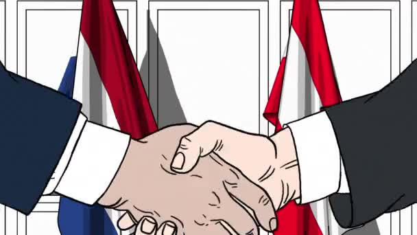 Uomini d'affari o politici stringono la mano contro le bandiere dei Paesi Bassi e dell'Austria. Riunione ufficiale o animazione animata correlata alla cooperazione — Video Stock