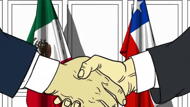 İş adamları veya politikacılar Meksika ve Şili Bayrakları karşı el sıkışın. Resmi toplantı veya işbirliği çizgi film animasyon ile ilgili — Stok video