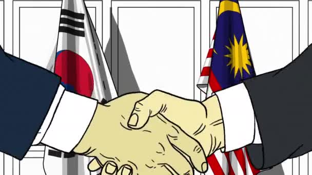 Empresarios o políticos se dan la mano contra las banderas de Corea y Malasia. Reunión oficial o animación de dibujos animados relacionados con la cooperación — Vídeos de Stock