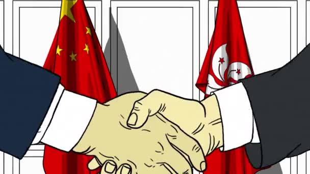 Des hommes d'affaires ou des politiciens serrent la main contre les drapeaux de la Chine et de Hong Kong. Réunion officielle ou animation de bande dessinée liée à la coopération — Video