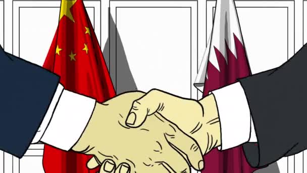 Affärsmän eller politiker skakar hand mot flaggor Kina och Qatar. Officiellt möte eller samarbete med tecknad animation — Stockvideo