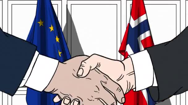 Des hommes d'affaires ou des politiciens serrent la main contre les drapeaux de l'Union européenne et de la Norvège. Réunion officielle ou animation de bande dessinée liée à la coopération — Video