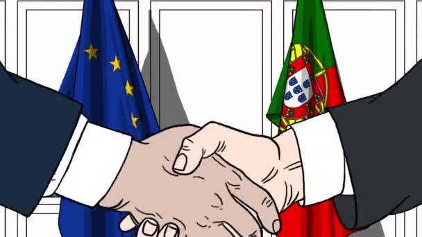Бизнесмены или политики пожимают руку флагу Европейского Союза и Португалии. Официальная встреча или сотрудничество по анимации мультфильмов — стоковое видео