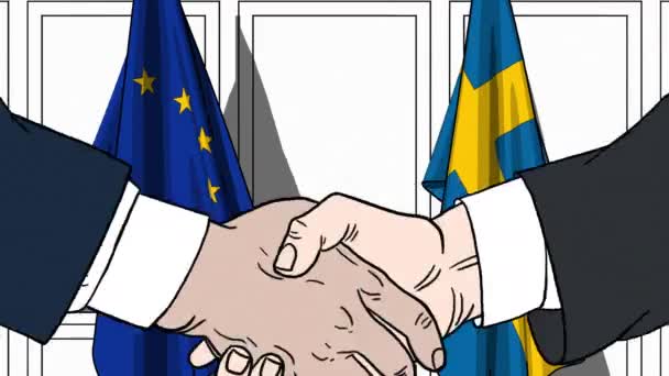 Підприємці або політиків потиснути один одному руки проти прапори країн ЄС Європейського Союзу та Швеції. Офіційна зустріч або співпраці пов'язані з мультфільму анімації — стокове відео