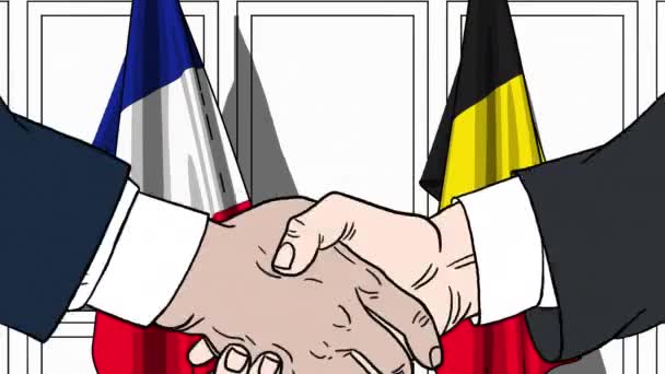 Pebisnis atau politisi berjabat tangan melawan bendera Prancis dan Belgia. Pertemuan resmi atau animasi kartun terkait kerja sama — Stok Video