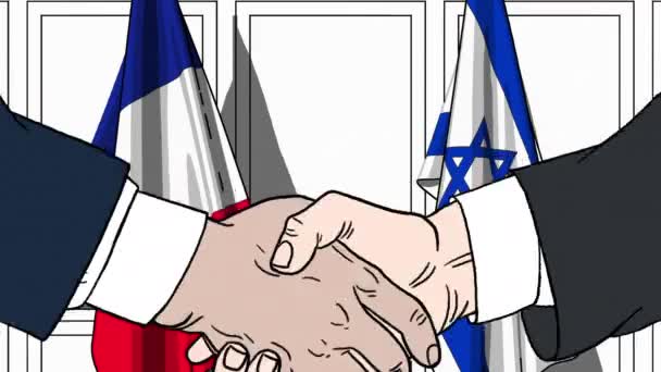 Empresarios o políticos se dan la mano contra las banderas de Francia e Israel. Reunión oficial o animación de dibujos animados relacionados con la cooperación — Vídeos de Stock