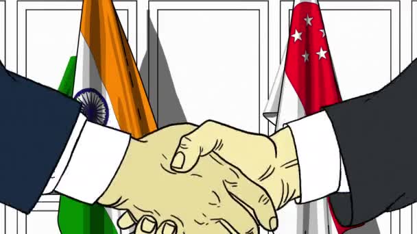 Empresarios o políticos se dan la mano contra banderas de la India y Singapur. Reunión oficial o animación de dibujos animados relacionados con la cooperación — Vídeos de Stock