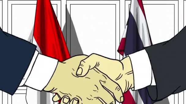 商人或政界人士与印尼和泰国的国旗握手。正式会议或合作相关卡通动画 — 图库视频影像