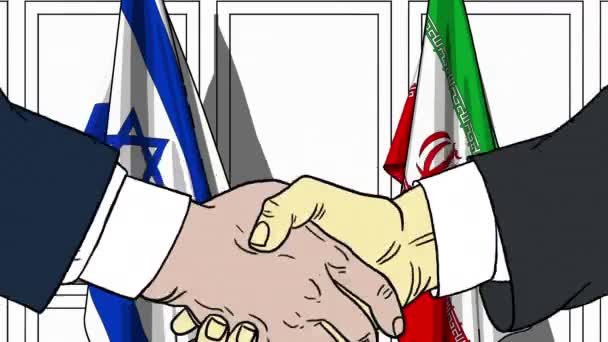 商人或政界人士与以色列和伊朗的旗帜握手。正式会议或合作相关卡通动画 — 图库视频影像