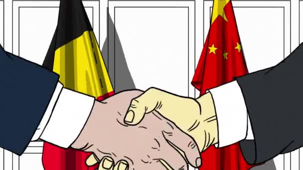 ビジネスマンや政治家は、ベルギーや中国の国旗に対して手を振る。公式会議や協力関連漫画アニメ — ストック動画