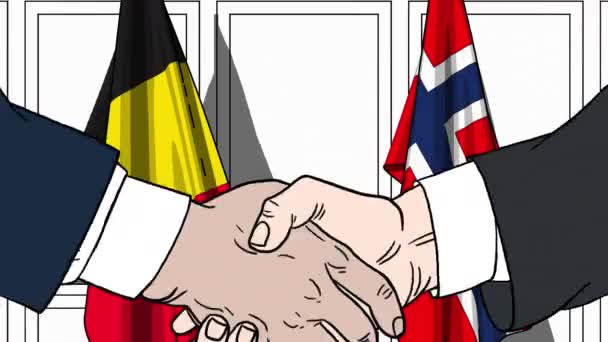 Businessmen or politicians shake hands against flags of Belgium and Norway. Official meeting or cooperation related cartoon animation — Stock Video