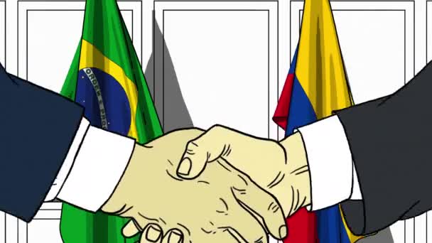 Des hommes d'affaires ou des politiciens serrent la main contre les drapeaux du Brésil et de la Colombie. Réunion officielle ou animation de bande dessinée liée à la coopération — Video