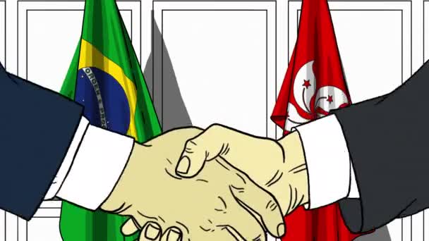 Businessmen or politicians shake hands against flags of Brazil and Hong Kong. Official meeting or cooperation related cartoon animation — Stock Video