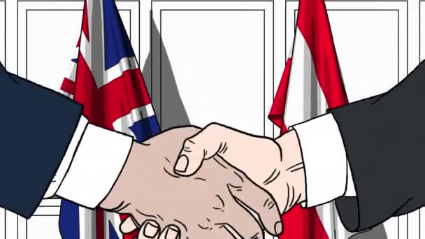 Businessmen or politicians shake hands against flags of Britain and Austria. Official meeting or cooperation related cartoon animation — Stock Video