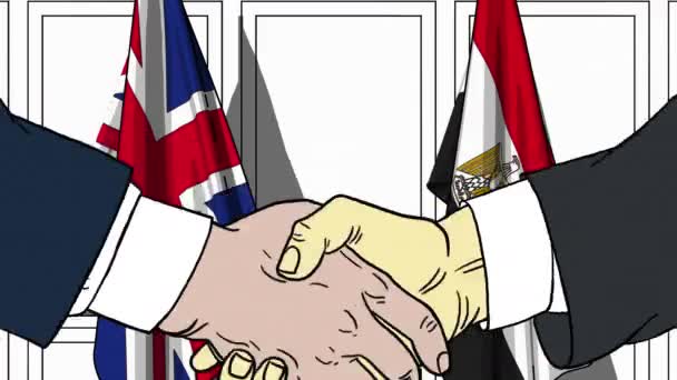 Des hommes d'affaires ou des politiciens serrent la main contre les drapeaux de Grande-Bretagne et d'Égypte. Réunion officielle ou animation de bande dessinée liée à la coopération — Video