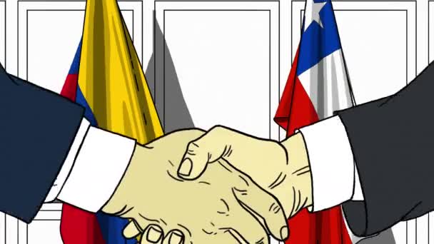 Des hommes d'affaires ou des politiciens serrent la main contre les drapeaux de la Colombie et du Chili. Réunion officielle ou animation de bande dessinée liée à la coopération — Video