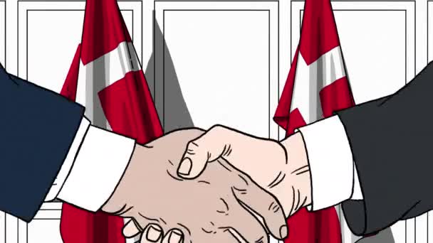 Businessmen or politicians shake hands against flags of Denmark. Official meeting or cooperation related cartoon animation — Stock Video