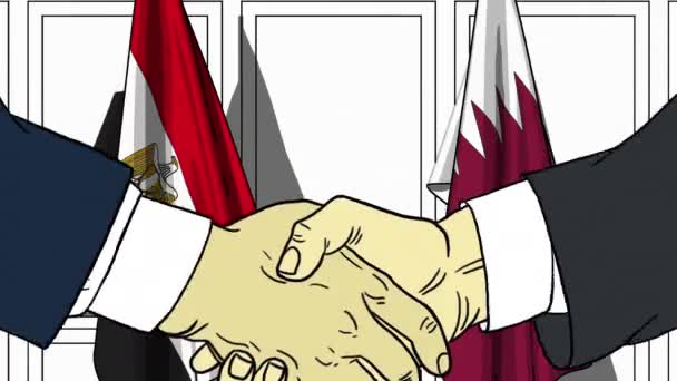 Des hommes d'affaires ou des politiciens serrent la main contre les drapeaux de l'Egypte et du Qatar. Réunion officielle ou animation de bande dessinée liée à la coopération — Video