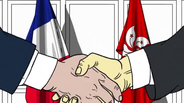 Empresários ou políticos apertam as mãos contra bandeiras da França e de Hong Kong. Reunião oficial ou animação de desenhos animados relacionados com a cooperação — Vídeo de Stock