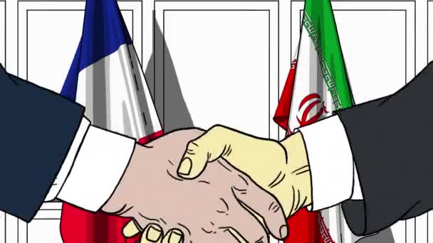 Empresarios o políticos se dan la mano contra las banderas de Francia e Irán. Reunión oficial o animación de dibujos animados relacionados con la cooperación — Vídeos de Stock