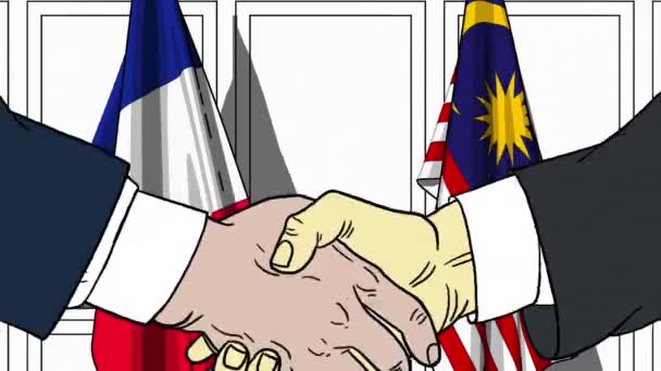Des hommes d'affaires ou des politiciens serrent la main contre les drapeaux de France et de Malaisie. Réunion officielle ou animation de bande dessinée liée à la coopération — Video