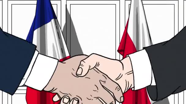 Empresarios o políticos se dan la mano contra las banderas de Francia y Polonia. Reunión oficial o animación de dibujos animados relacionados con la cooperación — Vídeos de Stock