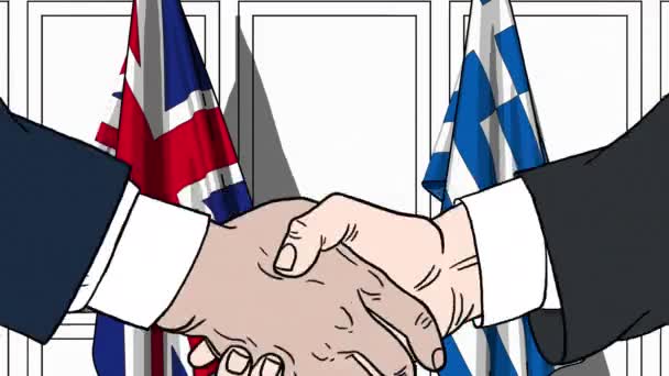 Uomini d'affari o politici stringono la mano contro le bandiere di Gran Bretagna e Grecia. Riunione ufficiale o animazione animata correlata alla cooperazione — Video Stock