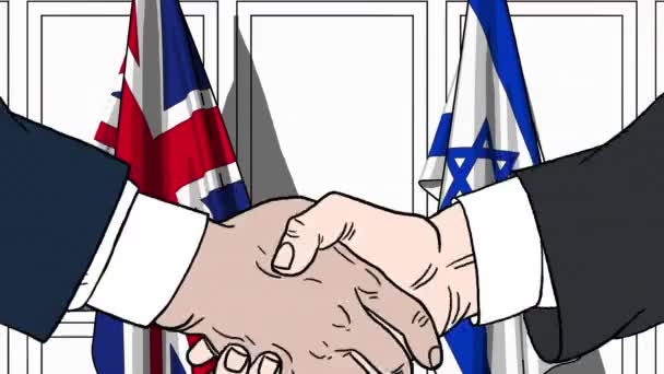 Zakenlieden of politici schudden handen tegen vlaggen van Groot-Brittannië en Israël. Officiële bijeenkomst of samenwerking gerelateerde cartoon-animatie — Stockvideo