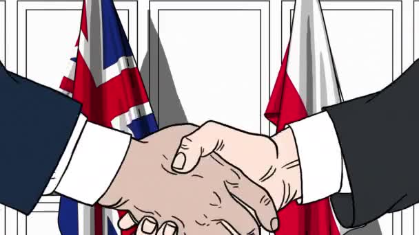 Businessmen or politicians shake hands against flags of Britain and Poland. Official meeting or cooperation related cartoon animation — Stock Video