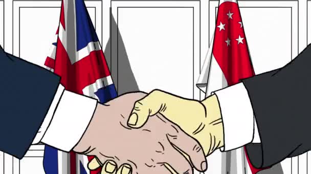 Businessmen or politicians shake hands against flags of Britain and Singapore. Official meeting or cooperation related cartoon animation — Stock Video