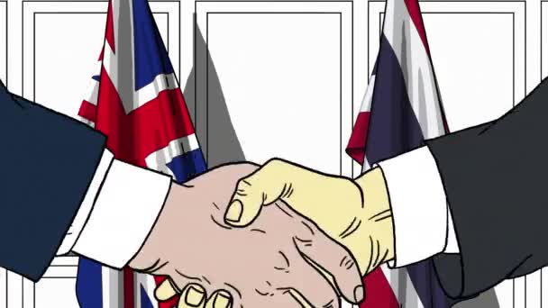 Des hommes d'affaires ou des politiciens serrent la main contre les drapeaux de Grande-Bretagne et de Thaïlande. Réunion officielle ou animation de bande dessinée liée à la coopération — Video