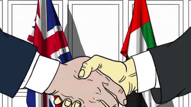 Empresários ou políticos apertam as mãos contra bandeiras da Grã-Bretanha e dos Emirados Árabes Unidos. Reunião oficial ou animação de desenhos animados relacionados com a cooperação — Vídeo de Stock