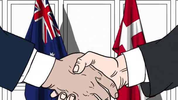 Affärsmän eller politiker skakar hand mot flaggor av Australien och Danmark. Officiellt möte eller samarbete med tecknad animation — Stockvideo