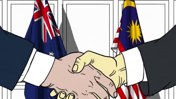 Businessmen or politicians shake hands against flags of Australia and Malaysia. Official meeting or cooperation related cartoon animation — Stock Video