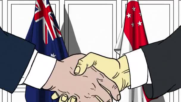 Geschäftsleute oder Politiker schütteln Hände gegen australische und singapore-Flaggen. offizielles Treffen oder Zusammenarbeit im Zusammenhang mit Zeichentrickfilmen — Stockvideo