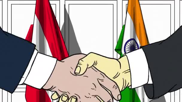 Підприємці або політиків потиснути один одному руки проти прапори Австрії та Індії. Офіційна зустріч або співпраці пов'язані з мультфільму анімації — стокове відео