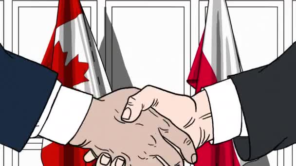 Geschäftsleute oder Politiker schütteln Hände gegen Flaggen Kanadas und Polens. offizielles Treffen oder Zusammenarbeit im Zusammenhang mit Zeichentrickfilmen — Stockvideo