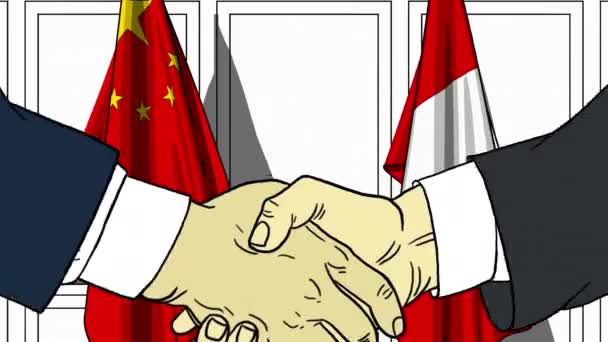 İş adamları veya politikacılar bayrakları Çin ve Peru karşı el sıkışın. Resmi toplantı veya işbirliği çizgi film animasyon ile ilgili — Stok video