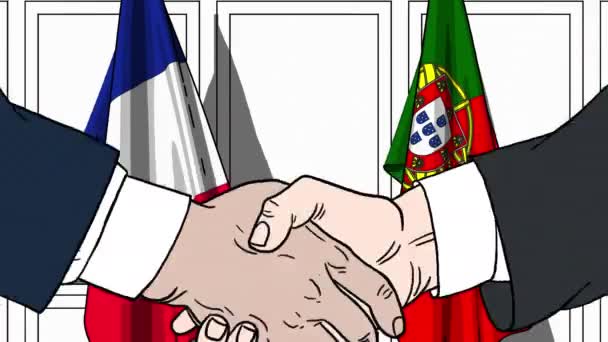 Підприємці або політиків потиснути один одному руки проти прапори Франції та Португалії. Офіційна зустріч або співпраці пов'язані з мультфільму анімації — стокове відео