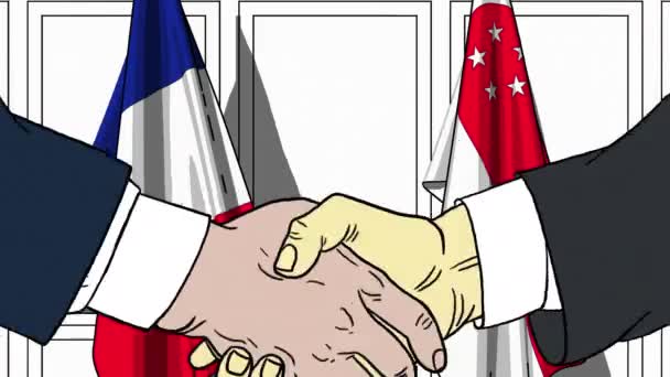 Бизнесмены или политики пожимают руку флагу Франции и Сингапура. Официальная встреча или сотрудничество по анимации мультфильмов — стоковое видео