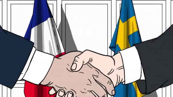 Uomini d'affari o politici stringono la mano contro le bandiere di Francia e Svezia. Riunione ufficiale o animazione animata correlata alla cooperazione — Video Stock