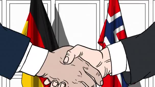 Businessmen or politicians shake hands against flags of Germany and Norway. Official meeting or cooperation related cartoon animation — Stock Video