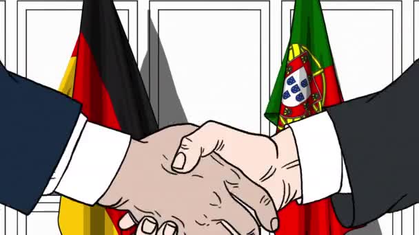 Zakenlieden of politici schudden handen tegen vlaggen van Duitsland en Portugal. Officiële bijeenkomst of samenwerking gerelateerde cartoon-animatie — Stockvideo