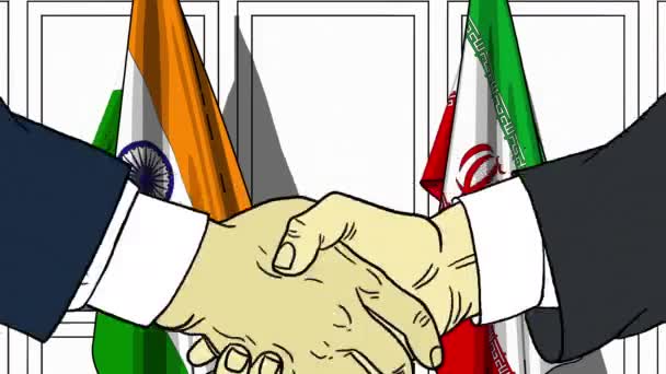 Zakenlieden of politici schudden handen tegen de lijst van vlaggen van India en Iran. Officiële bijeenkomst of samenwerking gerelateerde cartoon-animatie — Stockvideo