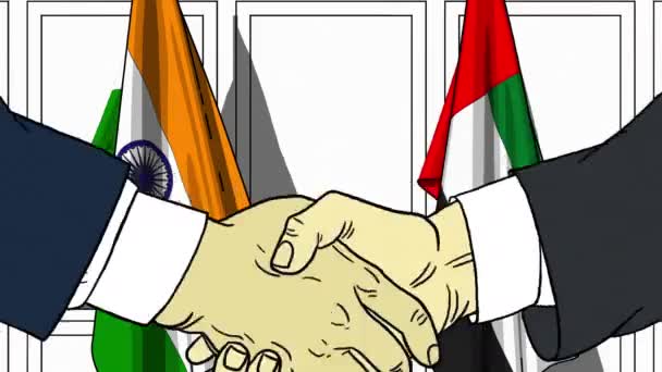 Zakenlieden of politici schudden handen tegen de lijst van vlaggen van India en de Verenigde Arabische Emiraten. Officiële bijeenkomst of samenwerking gerelateerde cartoon-animatie — Stockvideo