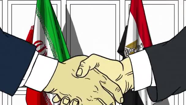Businessmen or politicians shake hands against flags of Iran and Egypt. Official meeting or cooperation related cartoon animation — Stock Video